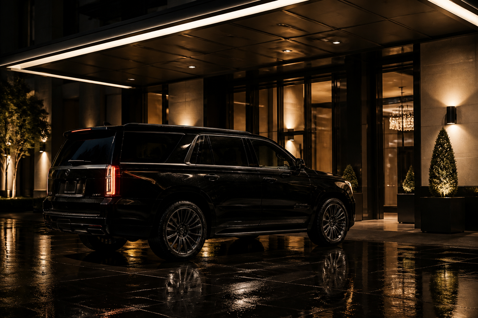 A black executive SUV under warm hotel lighting at night